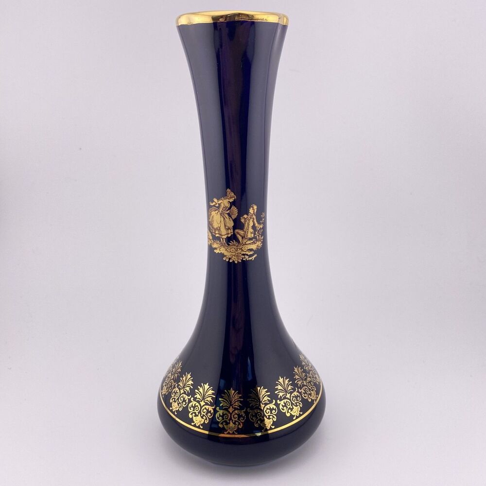 Vintage Limoges France Hand Painted Gold Blue Porcelain Vase